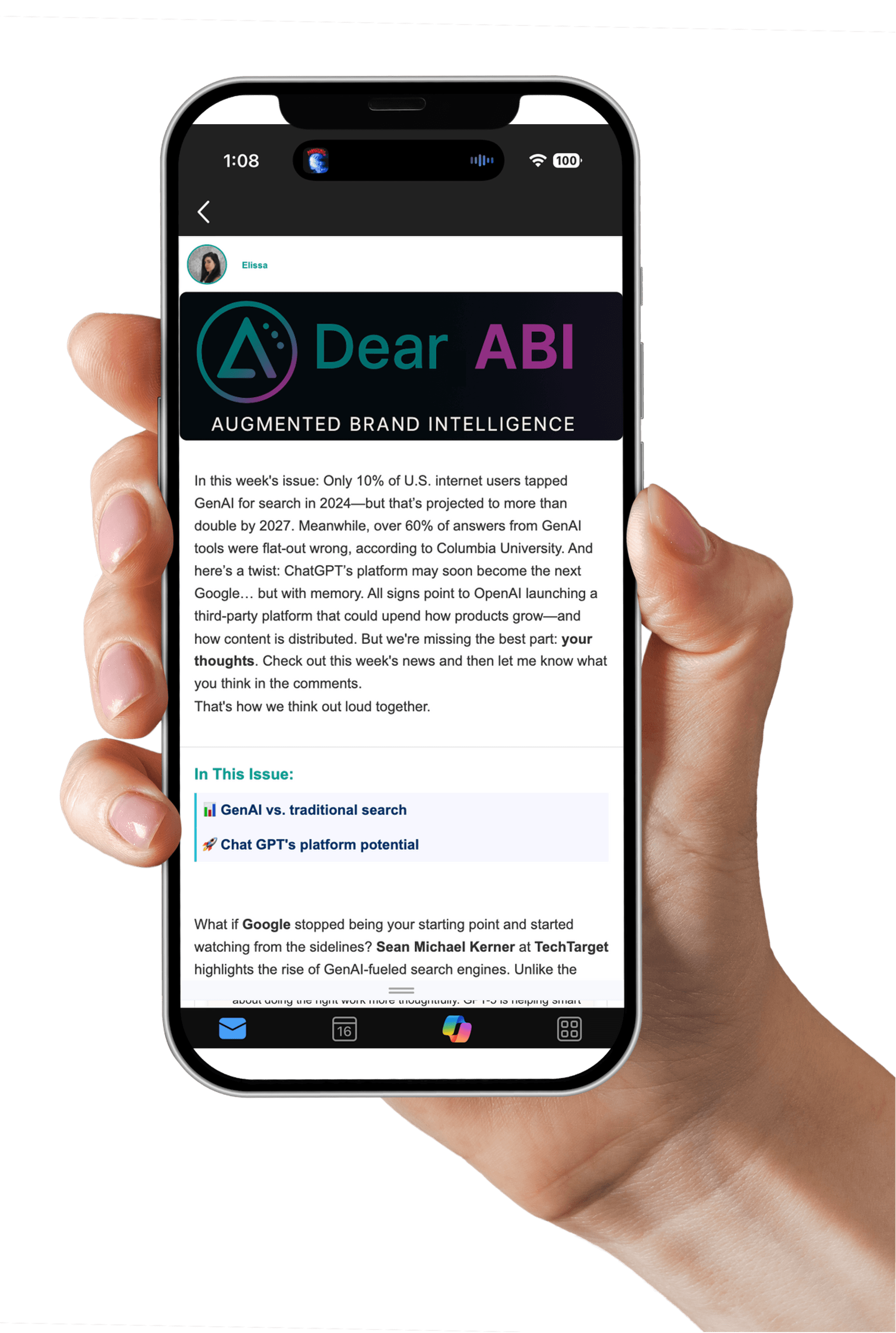 Hand holding phone with Dear ABI VoicePrint newsletter